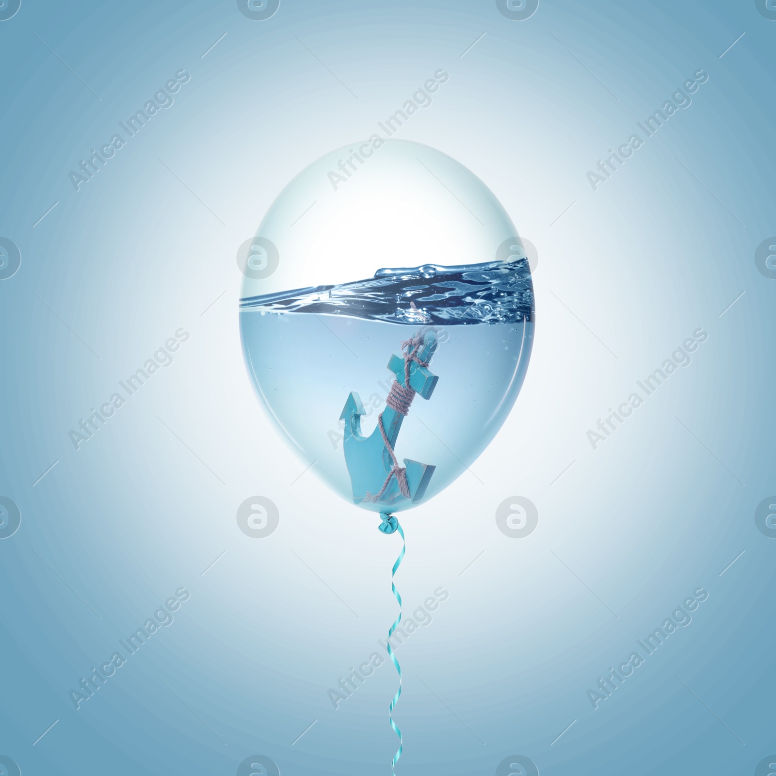 Image of Balloon with water and anchor against light blue background