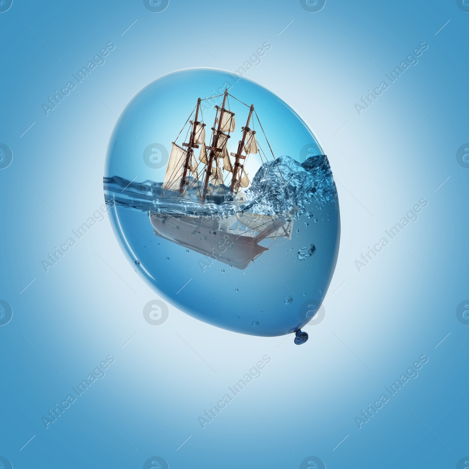 Image of Ship sinking in water inside balloon against light blue background