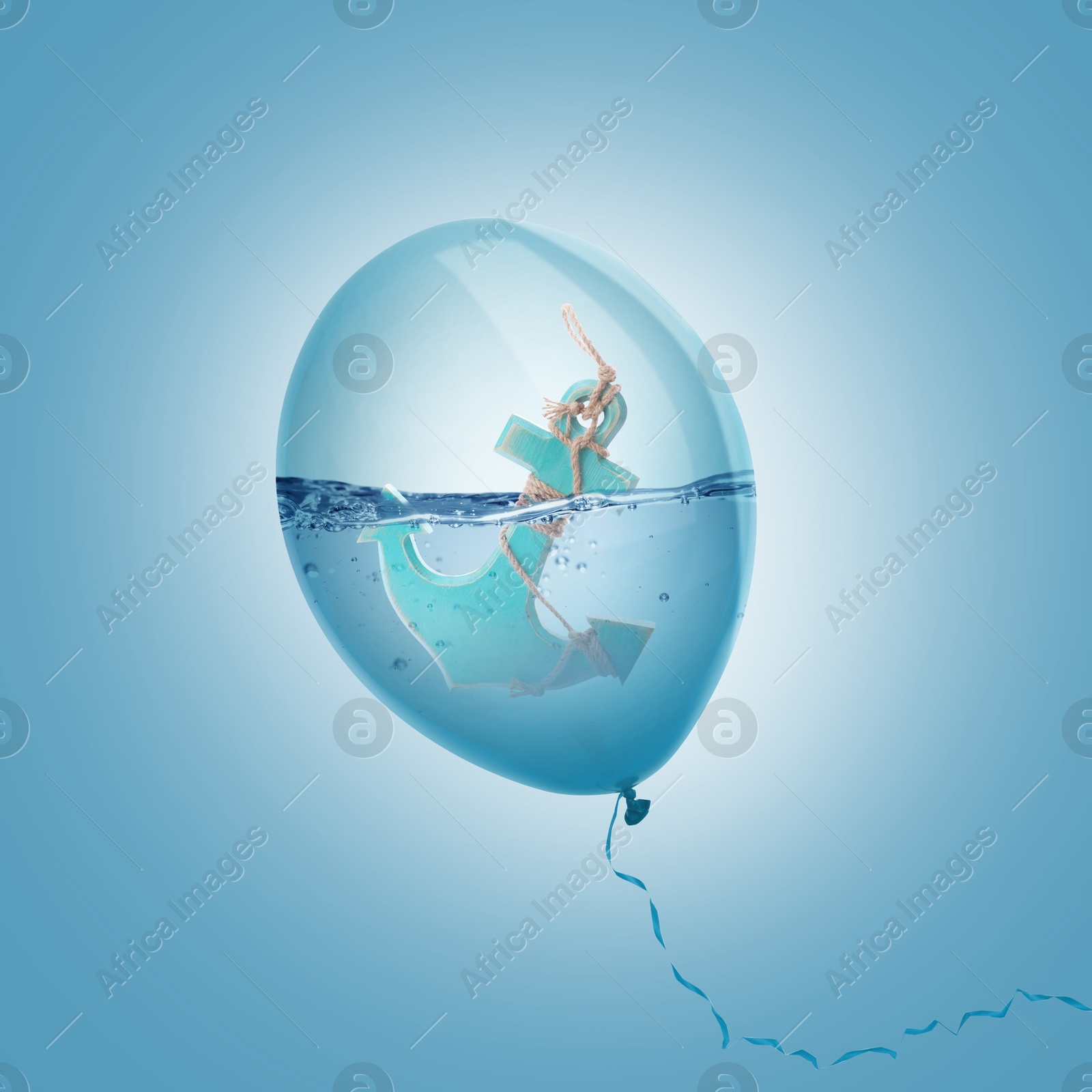 Image of Balloon with water and anchor against light blue background