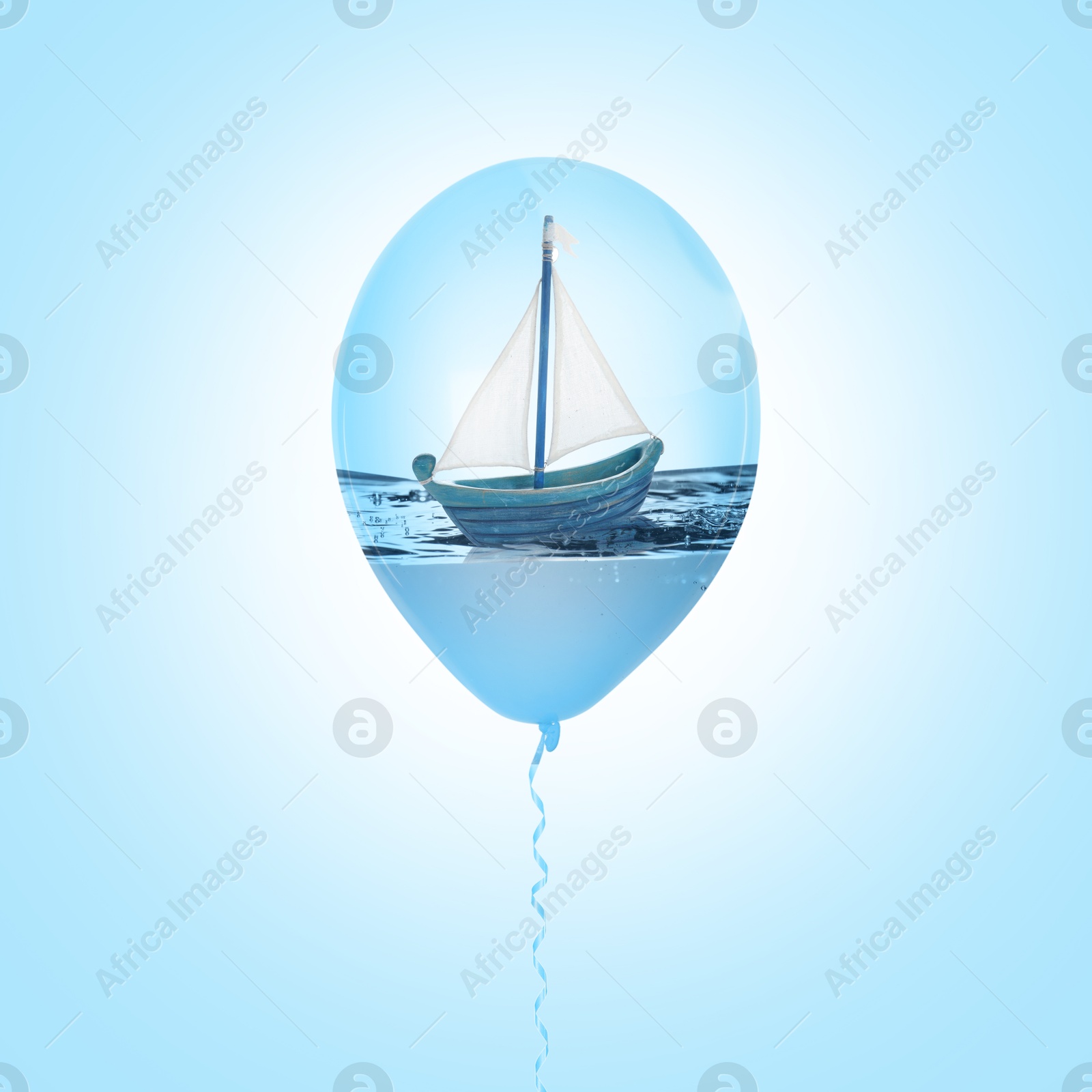 Image of Ship floating on water inside balloon against light blue background