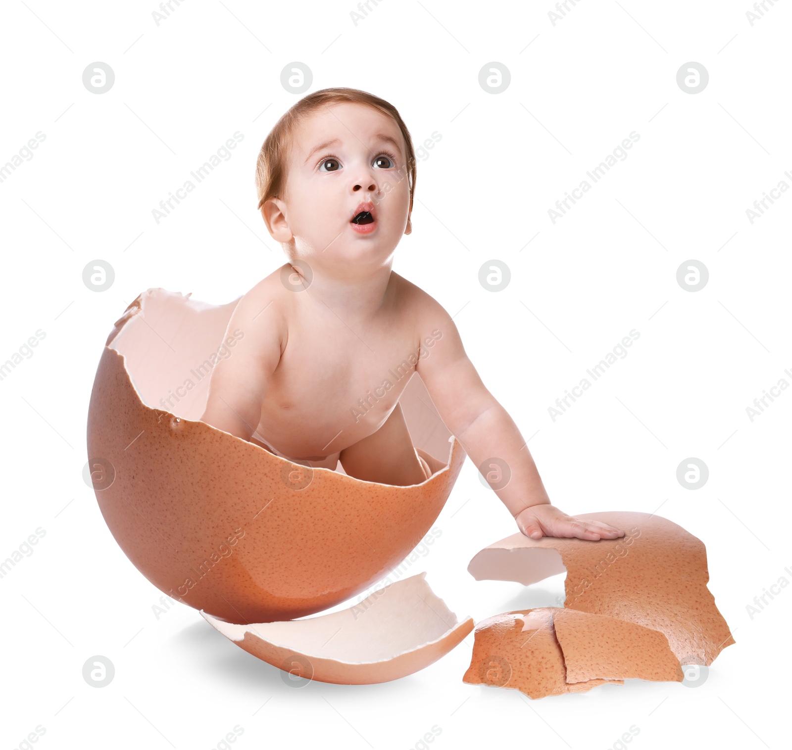 Image of Cute little baby in eggshell on white background