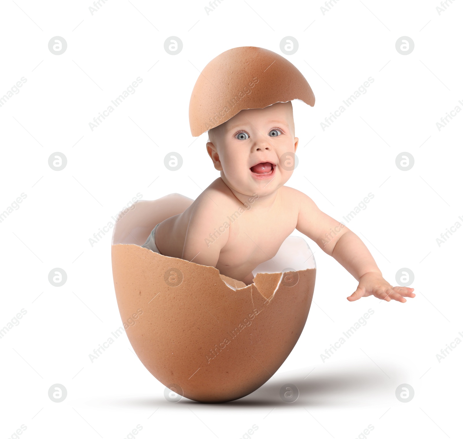 Image of Cute little baby in eggshell on white background