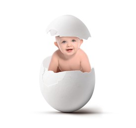 Image of Cute little baby in eggshell on white background