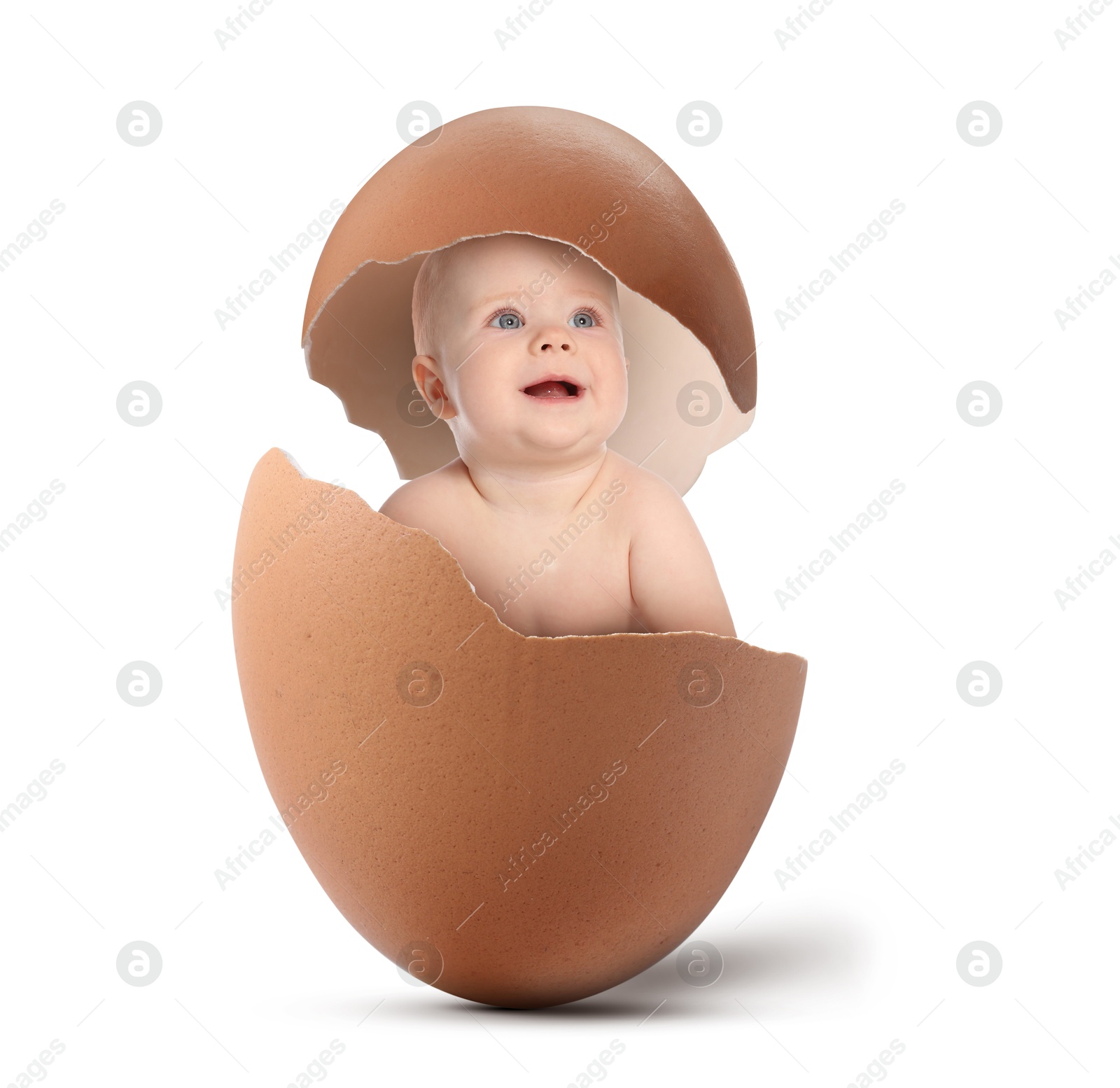 Image of Cute little baby in eggshell on white background