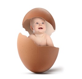 Image of Cute little baby in eggshell on white background