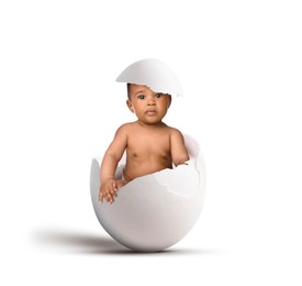 Cute little baby in eggshell on white background