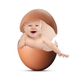 Cute little baby in eggshell on white background