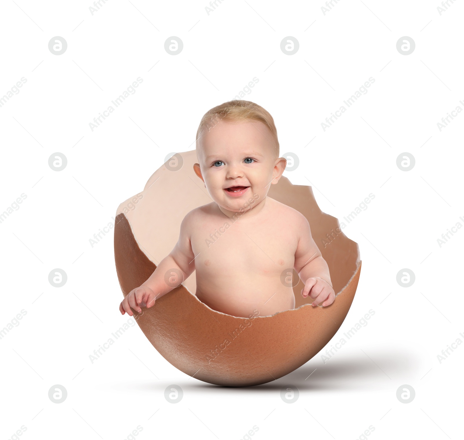 Image of Cute little baby in eggshell on white background