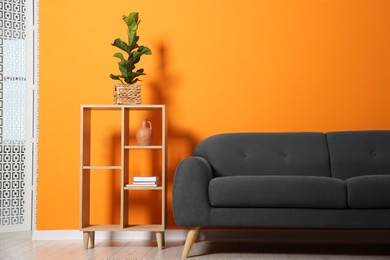 Stylish sofa and decor elements near orange wall in room