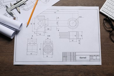 Photo of Different engineering drawings and tools on wooden table, flat lay