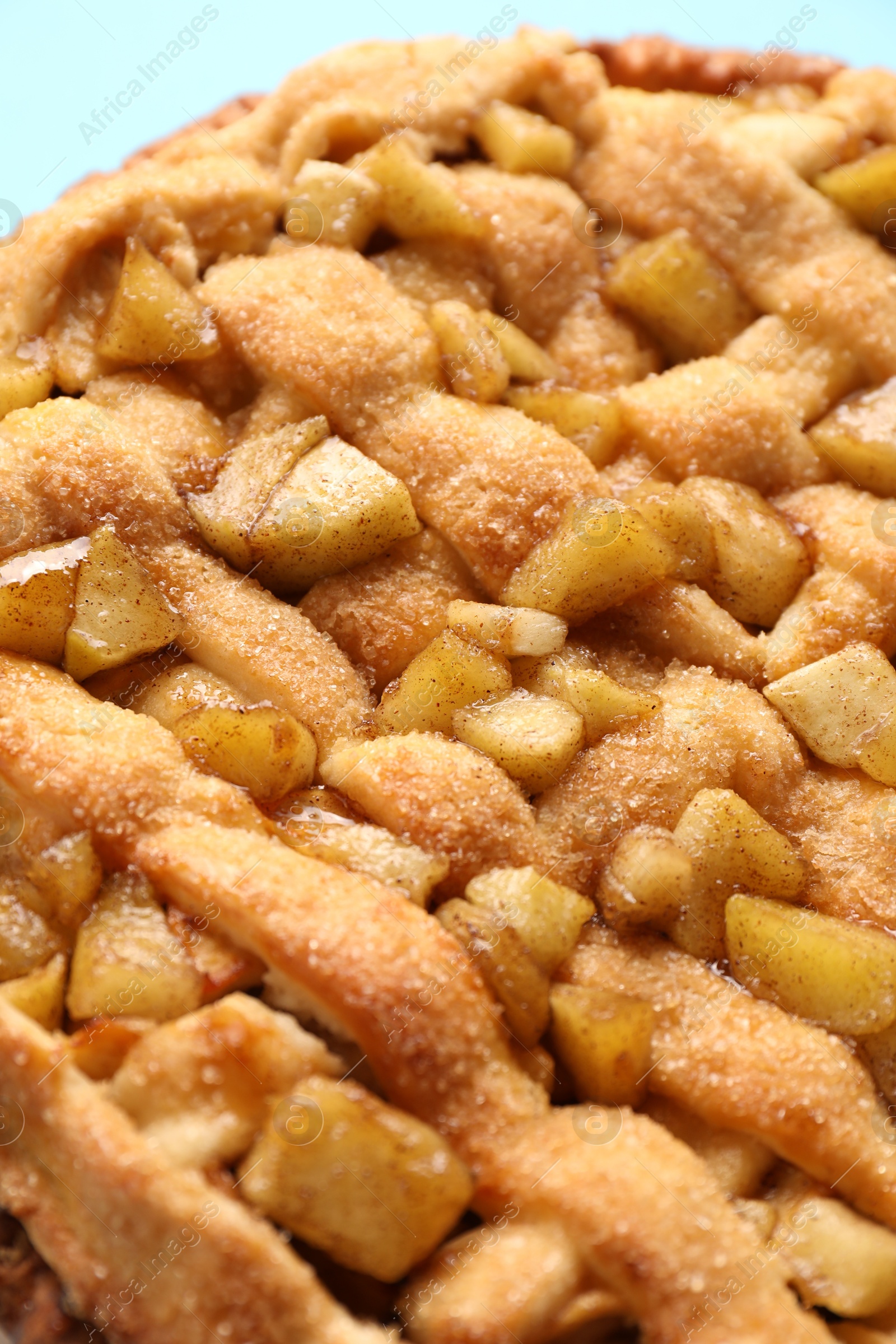 Photo of Tasty homemade apple pie on light background, closeup