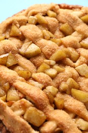 Tasty homemade apple pie on light background, closeup