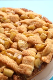 Tasty homemade apple pie on light background, closeup