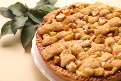 Photo of Tasty homemade apple pie on beige background, closeup