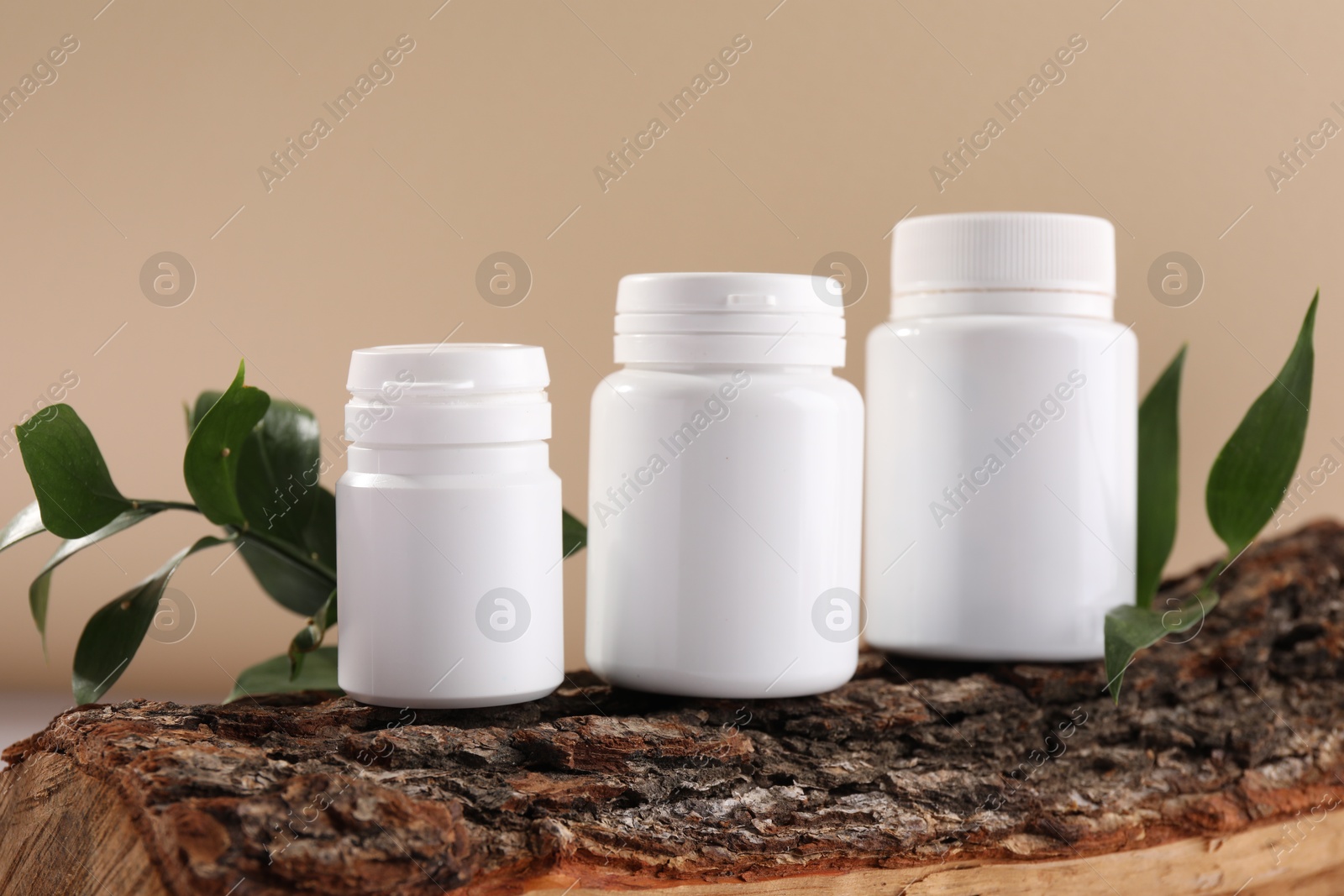 Photo of Plastic medical bottles, green leaves and snag on beige background, closeup