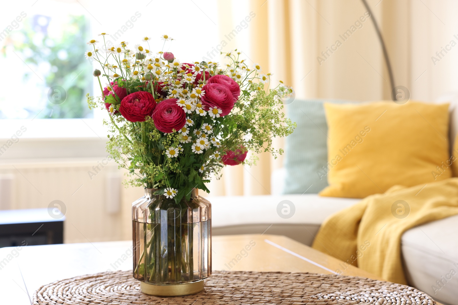 Photo of Beautiful ranunculus flowers and chamomiles in vase on table indoors