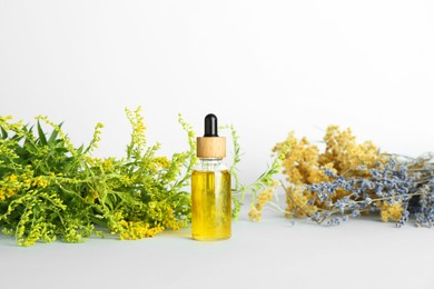 Photo of Tincture in bottle and different herbs on white background