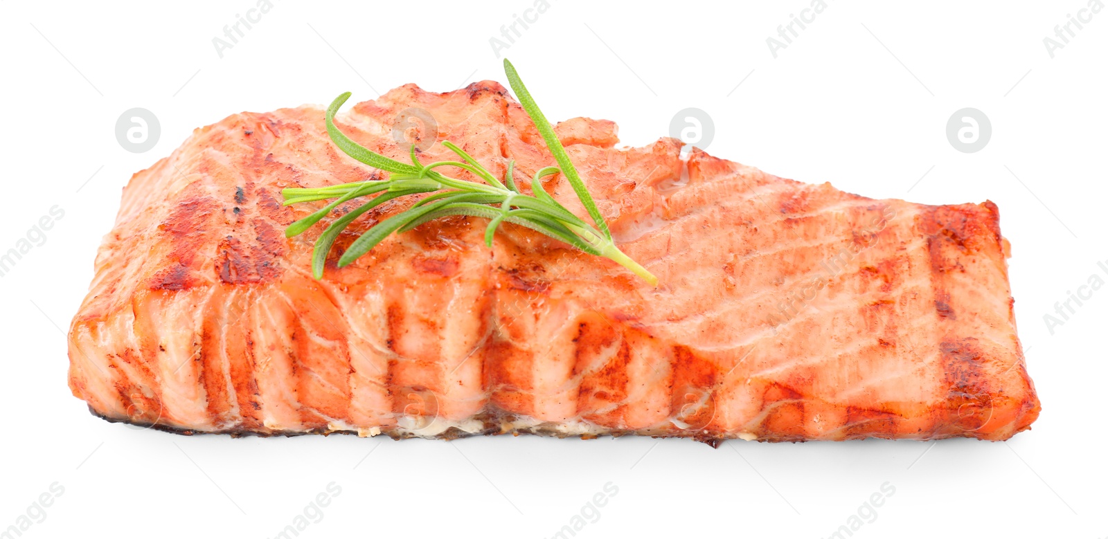 Photo of Delicious grilled salmon fillet with rosemary isolated on white