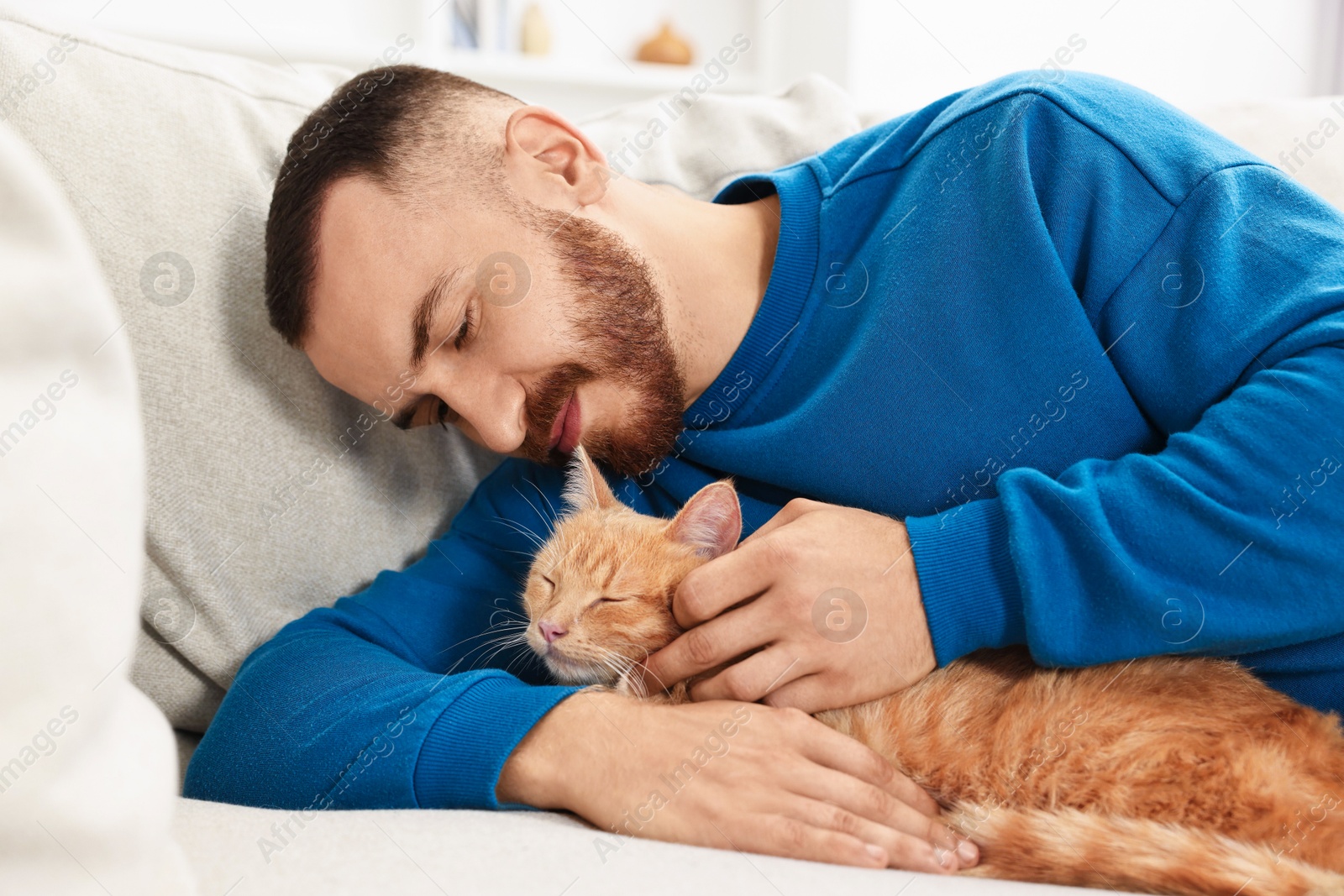 Photo of Man petting cute ginger cat on sofa at home