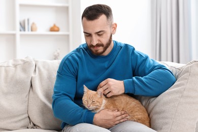 Man petting cute ginger cat on sofa at home