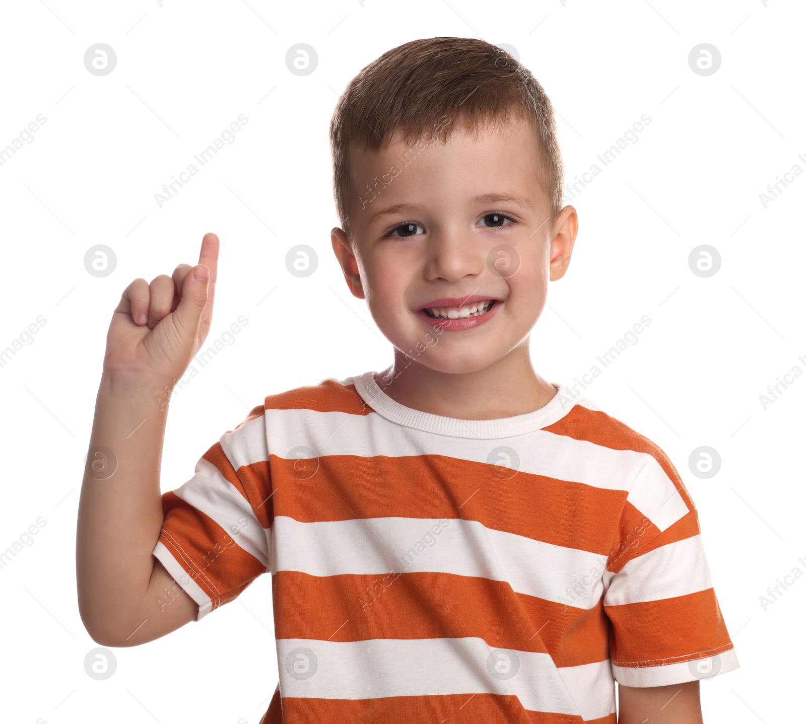 Photo of Portrait of cute little boy on white background