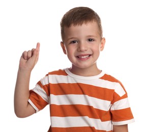 Portrait of cute little boy on white background