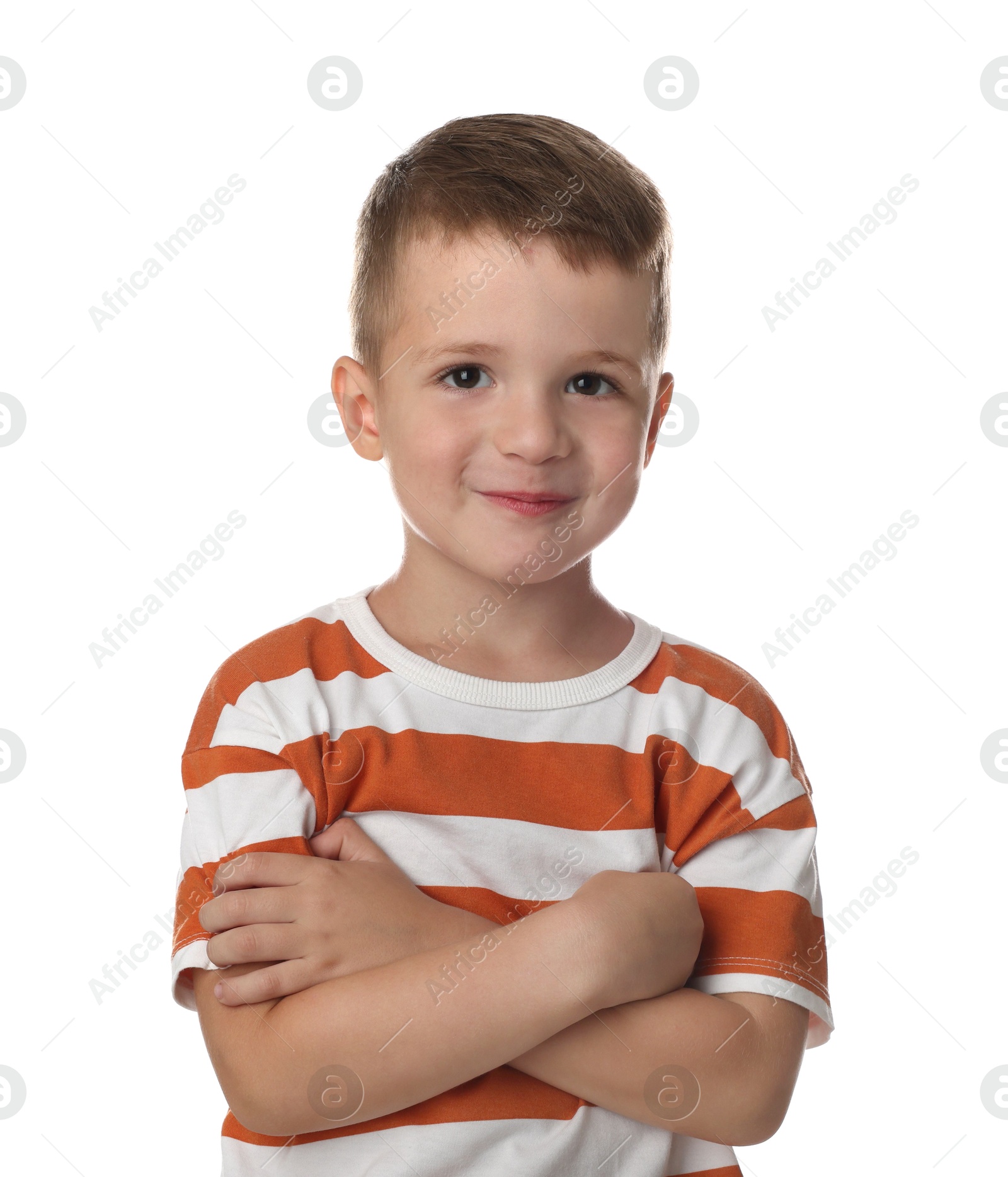 Photo of Portrait of cute little boy on white background