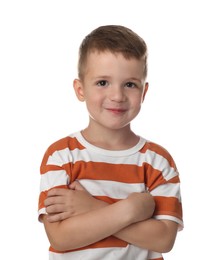 Photo of Portrait of cute little boy on white background