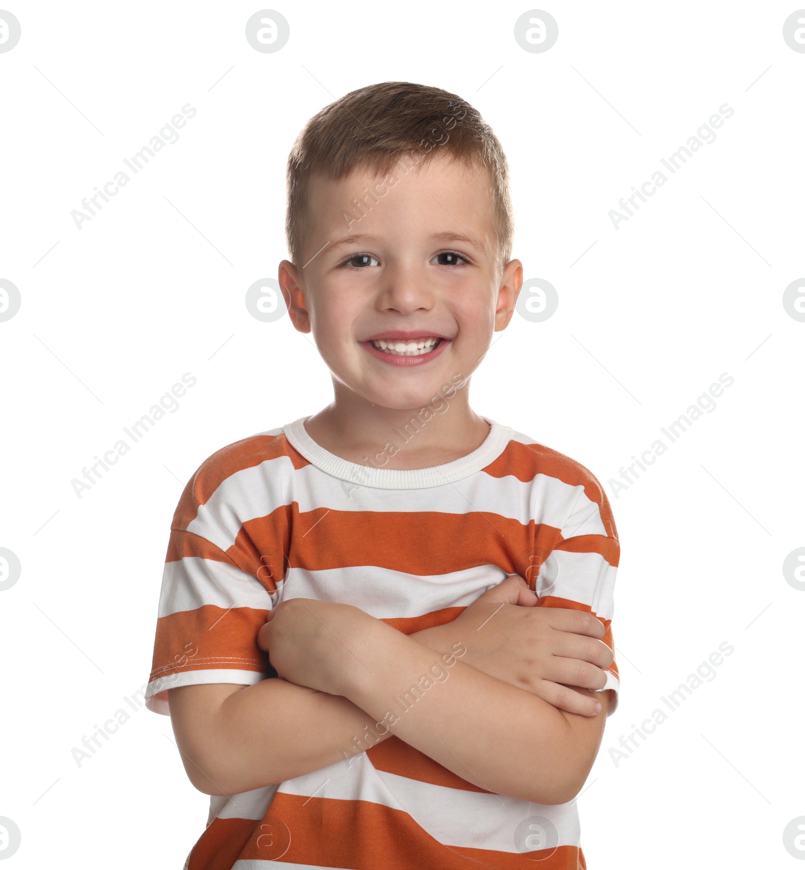 Photo of Portrait of cute little boy on white background