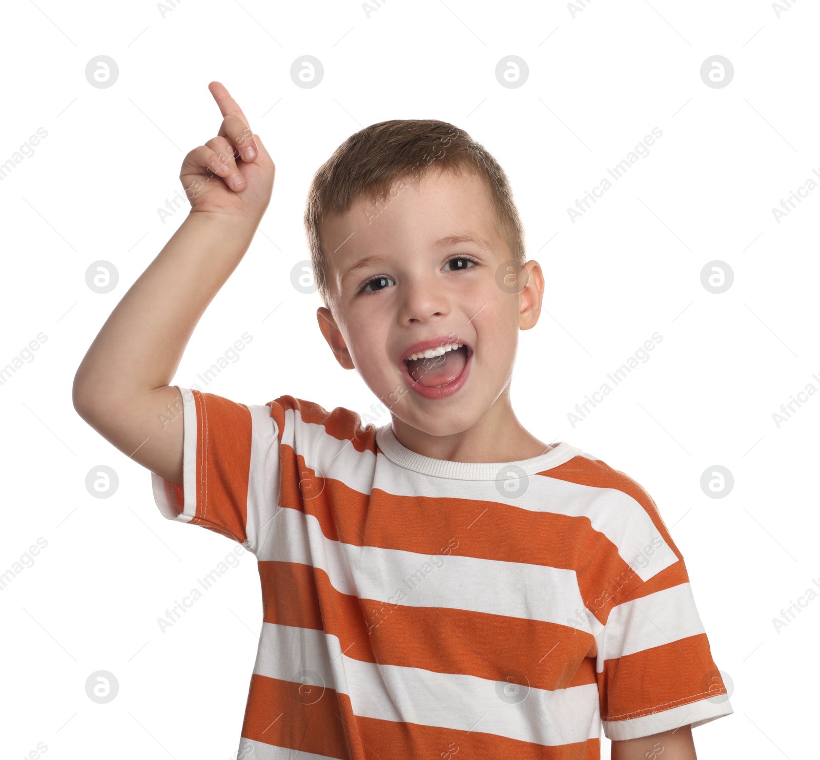 Photo of Portrait of cute little boy on white background