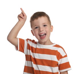 Photo of Portrait of cute little boy on white background