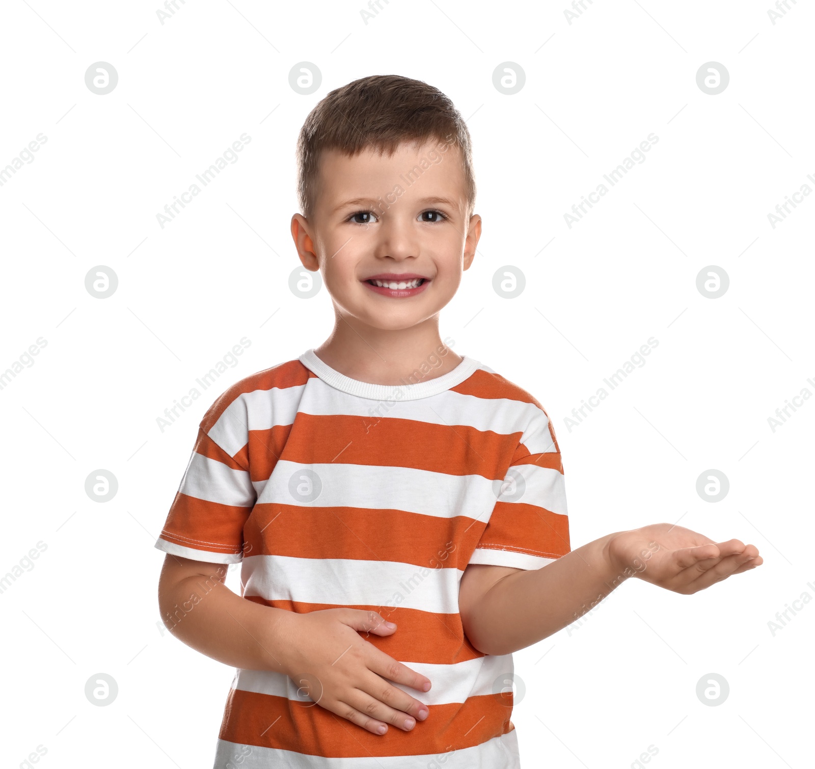 Photo of Portrait of cute little boy on white background