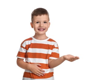 Photo of Portrait of cute little boy on white background