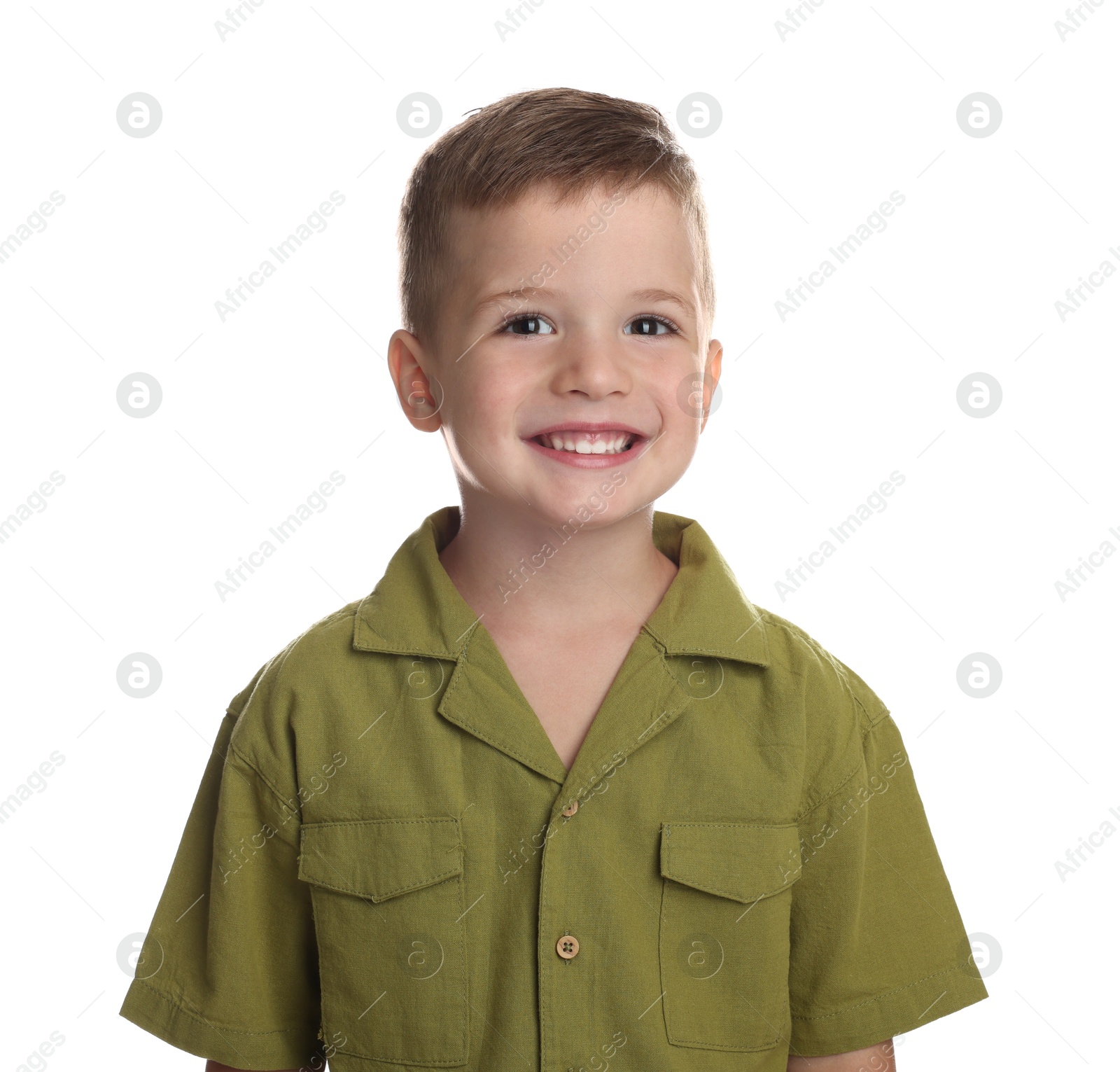 Photo of Portrait of cute little boy on white background