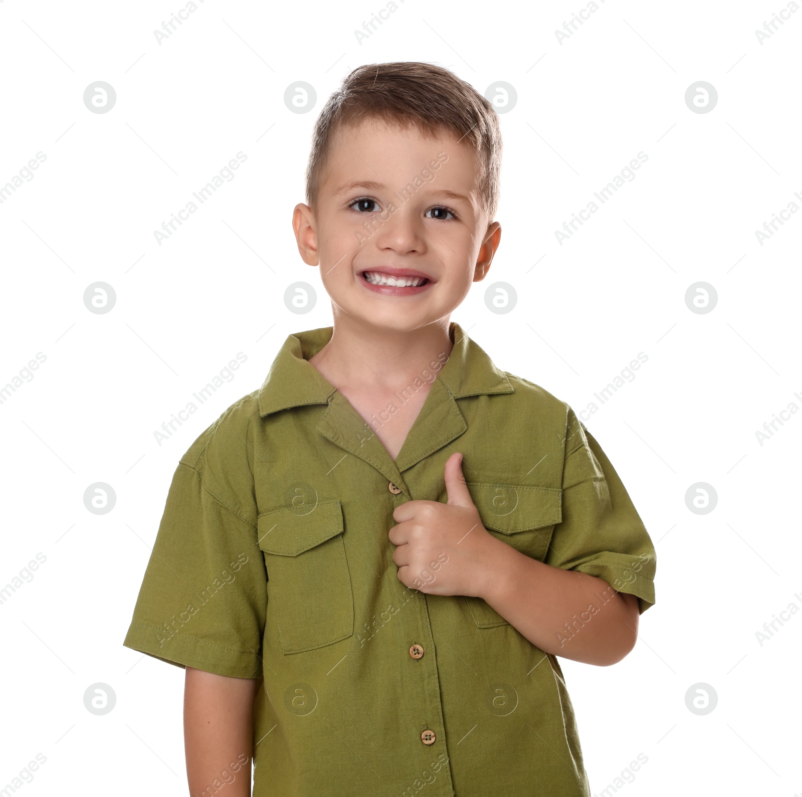 Photo of Cute little boy showing thumbs up on white background