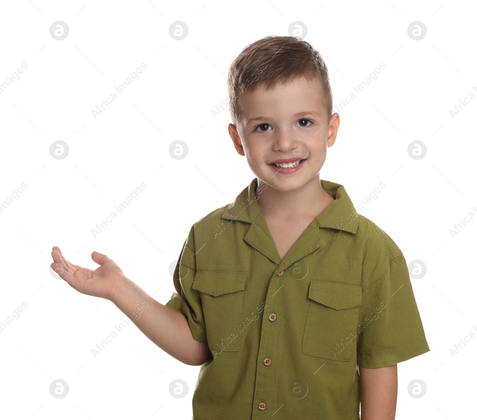 Photo of Portrait of cute little boy on white background