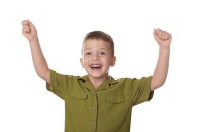 Photo of Portrait of cute little boy on white background