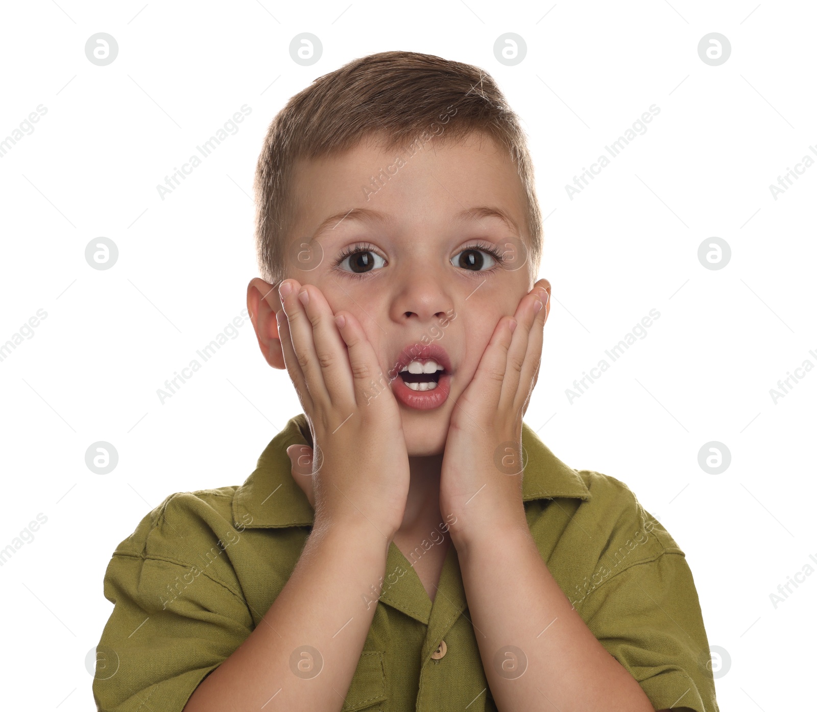 Photo of Portrait of cute little boy on white background