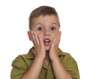 Portrait of cute little boy on white background