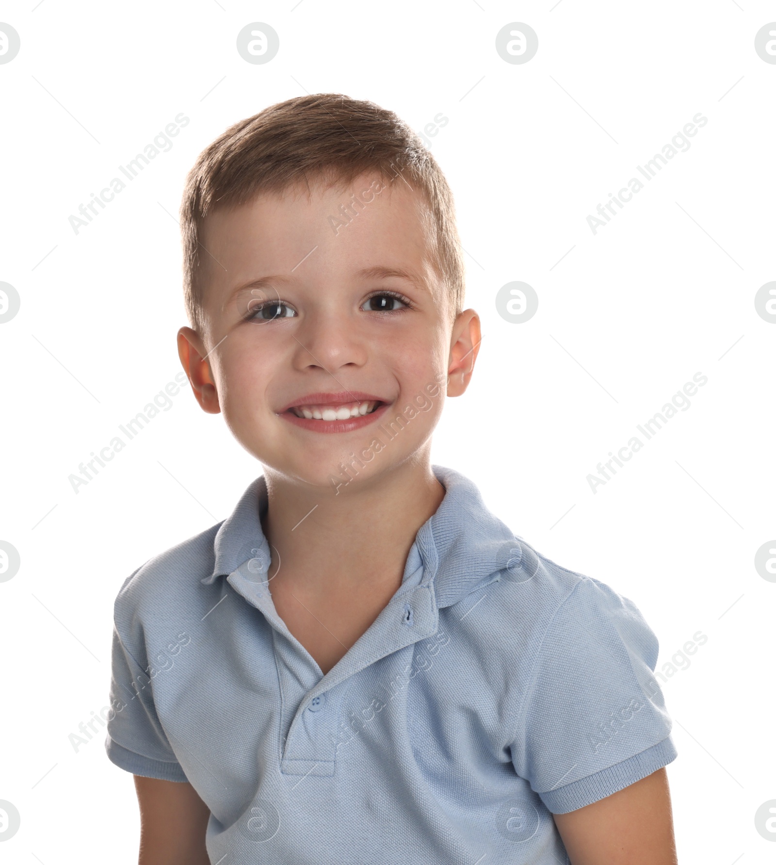 Photo of Portrait of cute little boy on white background