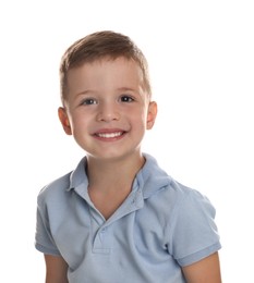 Portrait of cute little boy on white background