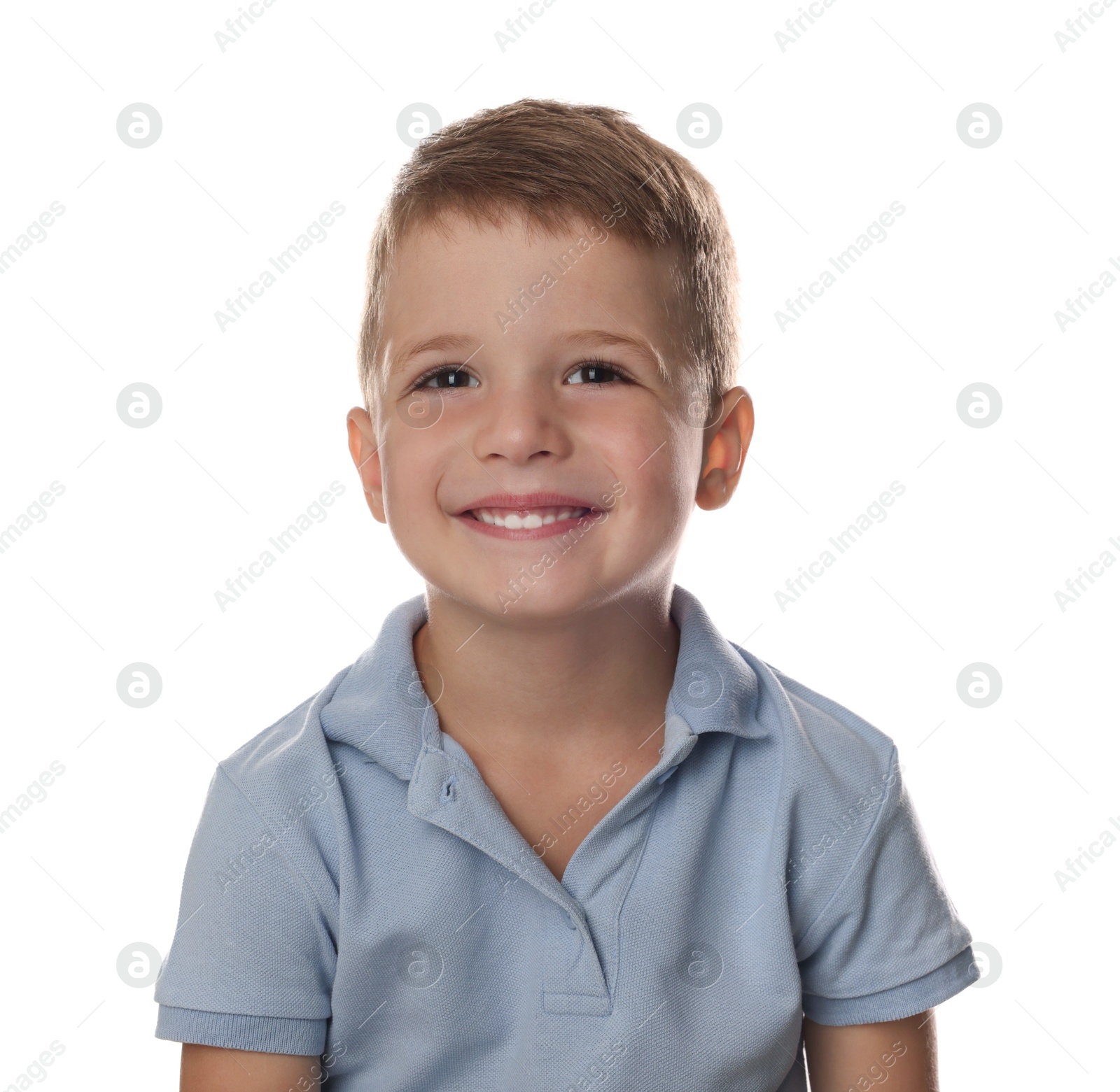 Photo of Portrait of cute little boy on white background