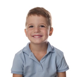 Portrait of cute little boy on white background