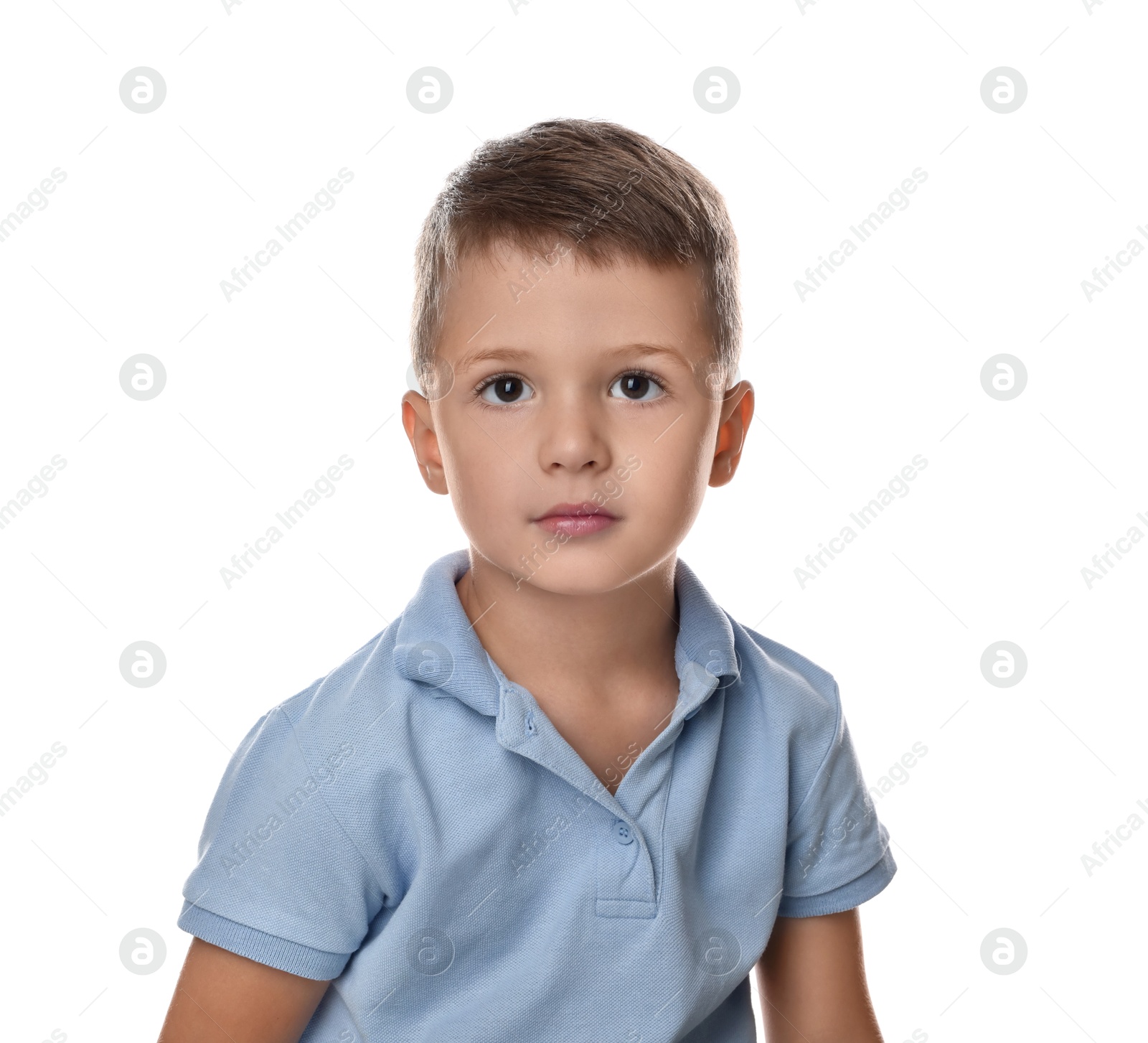 Photo of Portrait of cute little boy on white background