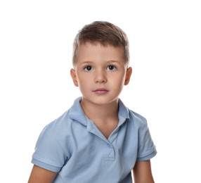 Photo of Portrait of cute little boy on white background