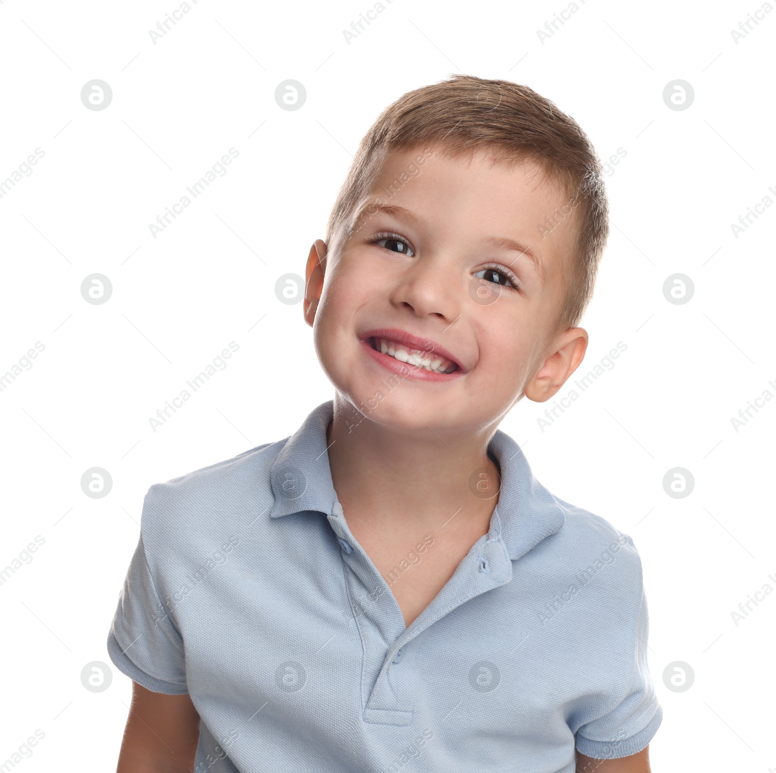 Photo of Portrait of cute little boy on white background