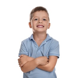 Photo of Portrait of cute little boy on white background