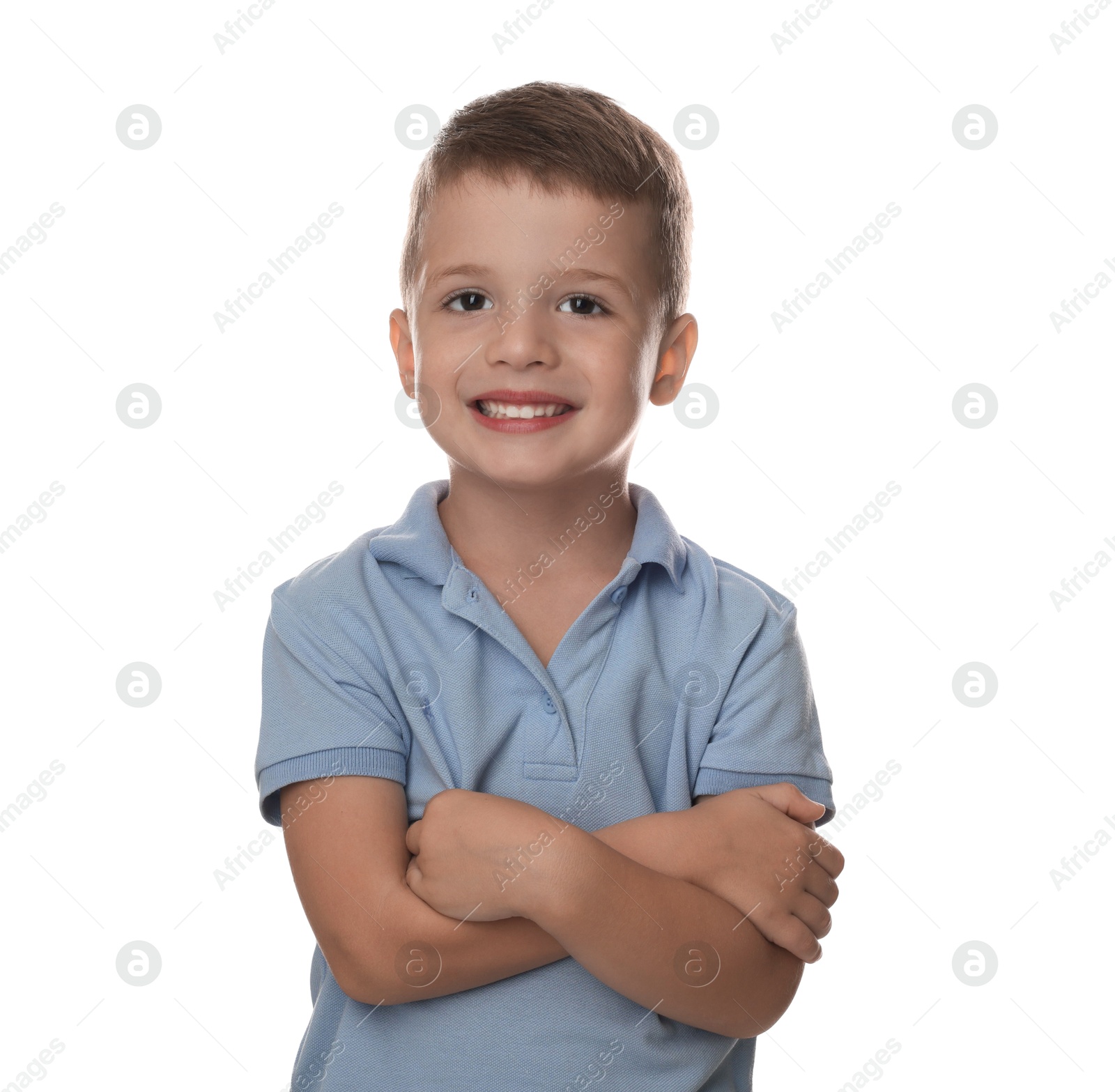 Photo of Portrait of cute little boy on white background