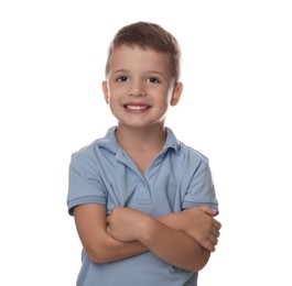 Portrait of cute little boy on white background