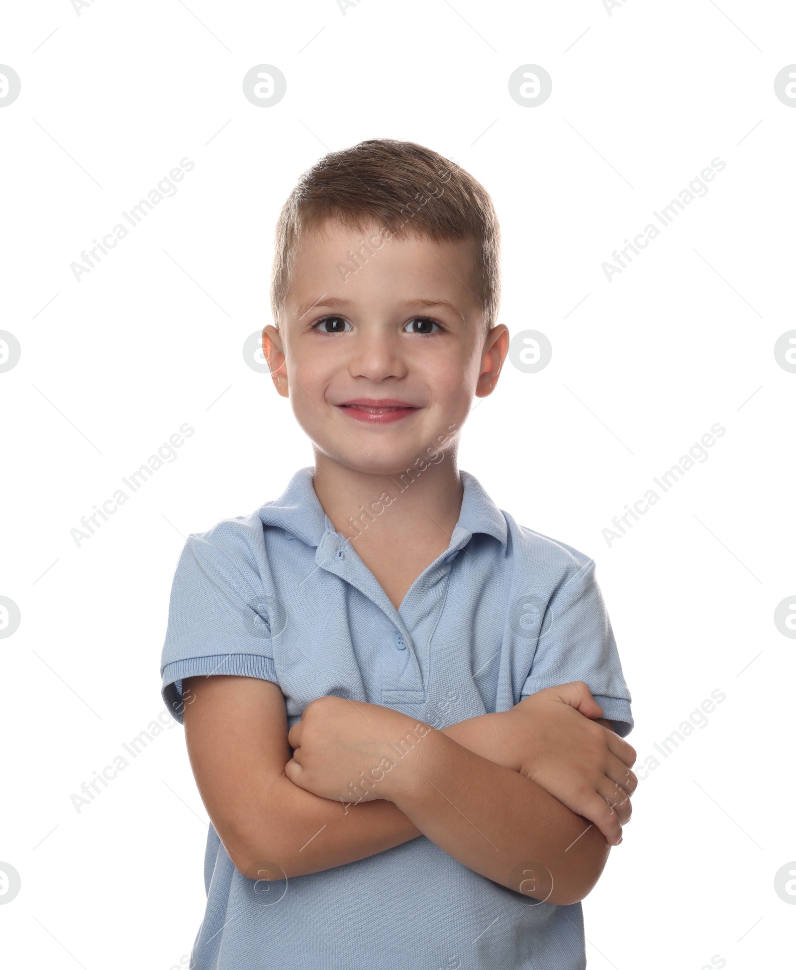 Photo of Portrait of cute little boy on white background